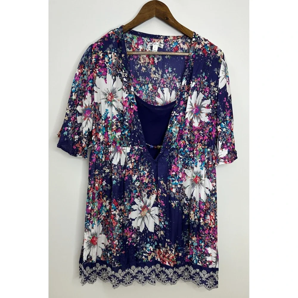 John Paul Richard 2 Pc Floral Lace Trim Tunic Top & Cami Mini Dress Purple Large - Picture 11 of 11